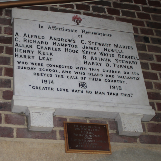 Aldershot Presbyterian
Church plaque